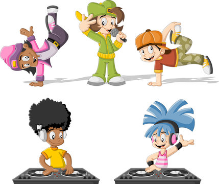 Cartoon hip hop dancers with a singer and a dj playing music