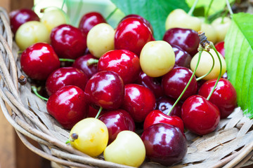 Fresh red cherries in wicker basket