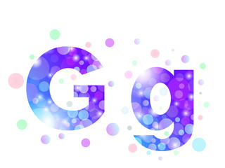 Alphabet from bokeh texture in bright blue and purple color.  Letter G.
