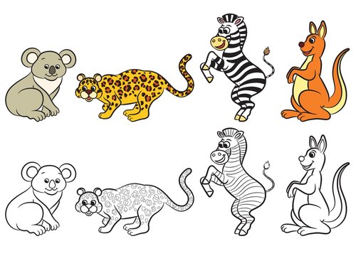 Cute zoo animals collection. Coloring book. Vector illustration.
