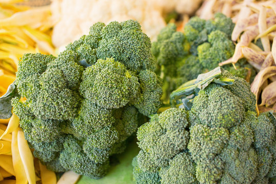Broccoli and various vegetable on market/Fresh vegetables arranged on farmers market