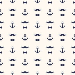 Anchor, Bow Tie and Mustache Seamless Pattern. Cute vector background. Baby style captains illustration.