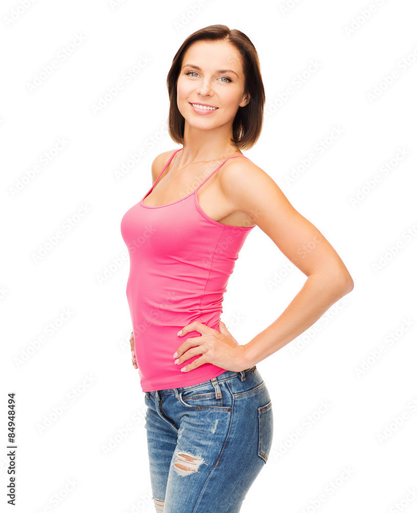 Wall mural woman in blank pink tank top