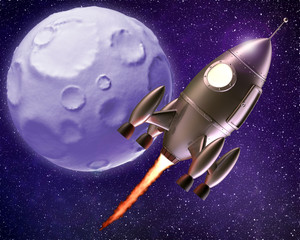 Naklejka premium Cartoon Rocket Flying Through Space
