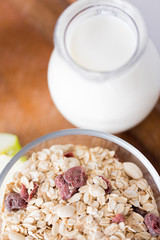 close up of bowl with granola or muesli on table
