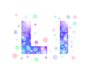 Alphabet from bokeh texture in bright blue and purple color.  Letter L.
