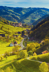 Scenic panorama of picturesque hilly summer valley in Germany, Schwarzwald - obrazy, fototapety, plakaty