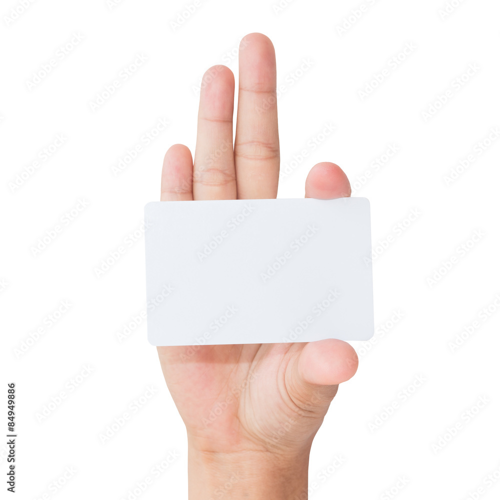 Aufkleber hand holding blank card isolated with clipping path inside