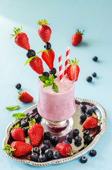 Fresh healthy strawberry and blueberry smoothie, milk shake, sum
