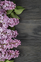 purple lilac flower on old oak table top view with copy space
