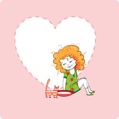 Card with the girl who feeds the kitten with milk. The best friends. Love to animals.