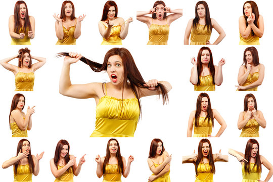 Set of pictures of pretty young woman with different gestures an