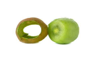 closeup peeled kiwi fruit on white background