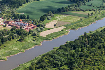 aerial view of the  the  Odra river near Brzeg Dolny town