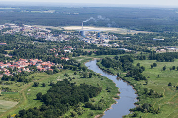 aerial view of the  the  Odra river near Brzeg Dolny town