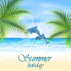Fototapeta premium Summer holiday. Dolphins on the seashore. Vector illustration.