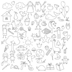 Childhood characters doodle vector set