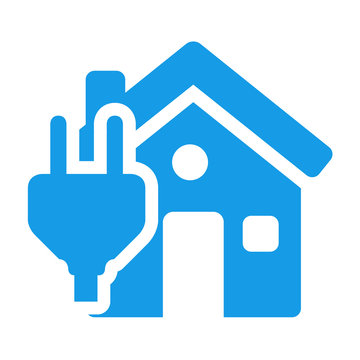 Icono casa con simbolo enchufe electrico azul