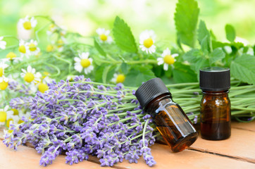 essential oils with lavender and herbs