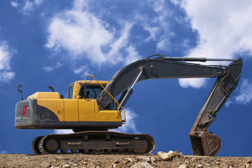  construction site digger, excavator and dumper truck. industrial machinery on building site