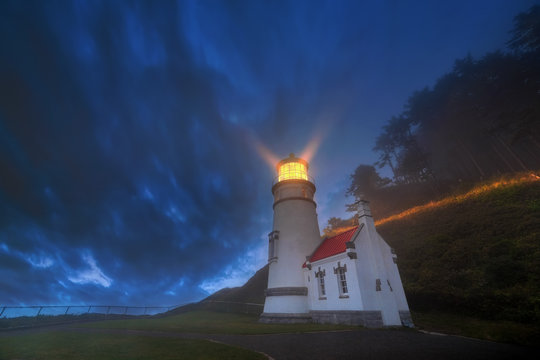 Heceta Head Lighthouse in Yachats Oregon Evening Blue Hour