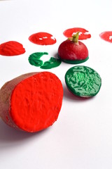 Vegetable Printing With Potato, Radish and Colored Paints