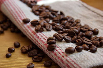 coffee beans on the flax tablecloth