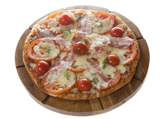 Pizza with bacon, feta and tomato. Isolated in white.