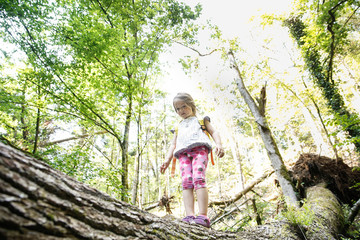 Determined little girl scout standing on a log in the woods