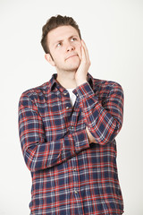 Man Thinking Of Idea Against White Background