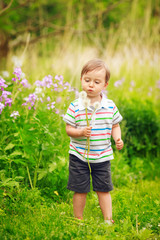 Portrait of a cute adorable little boy toddler standing in the forest field meadow with dandelion flowers in his hands and blowing them on a bright summer day, funny card with copy space for text
