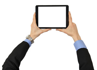 The tablet in male hands with clipping path for the screen