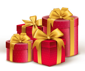 Realistic 3D Red Gifts with Colorful Gold Ribbons Wrap 