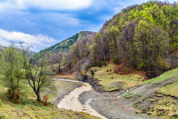 Fototapeta na wymiar mountain river flowing throw spring nature landscape