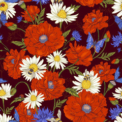 Summer Vintage Floral Seamless Pattern with Blooming Red Poppies