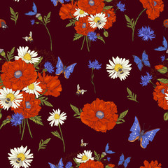 Summer Vintage Floral Seamless Pattern with Blooming Red Poppies