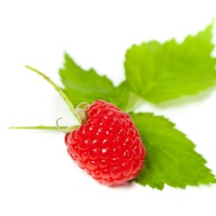 Ripe raspberry with green leaf extreme close up. Selective focus. Shallow depth of field.