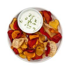 Vegetable Chips Exotic Blend isolated on white. Selective focus.