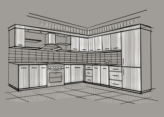 Modern interior sketch of corner kitchen.
