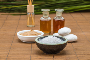 salt bowl, essential oil, mask white stone for health spa materi