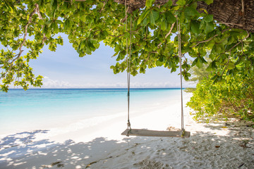 Swing on beautiful crystal clear sea and white sand beach at Tachai island, Andaman, Thailand