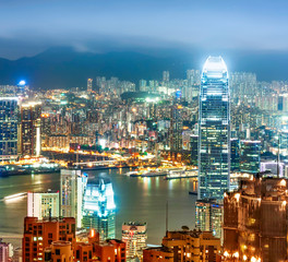 Modern city at night, Hong Kong, China.