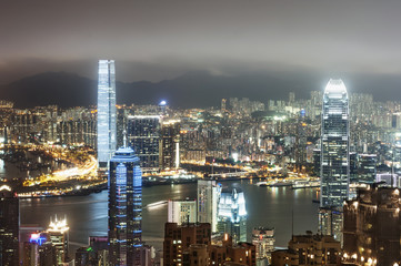 Hong Kong view of Victoria Harbor, Hong Kong Island business district.