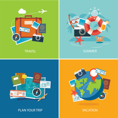 set of summer and travel flat design banner template