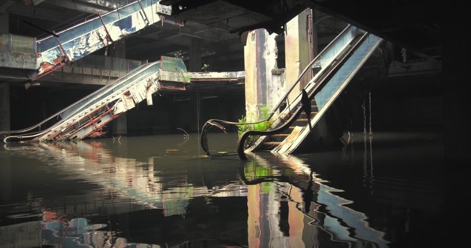 Flood disaster background. Destroyed and forgotten empty and creepy building