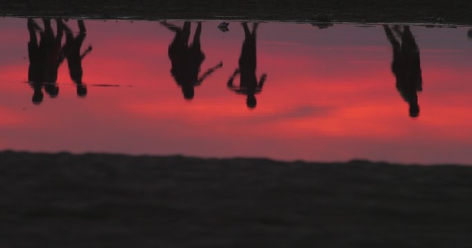 Silhouettes of people playing ball on river shore reflecting in water at sunset