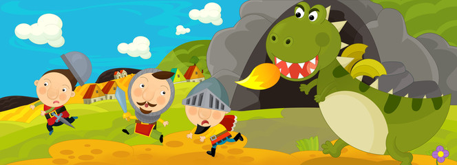 Cartoon scene - green dragon and the knights - illustration for the children