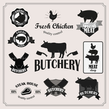Retro butchery, steak house and meat shop logotypes set.