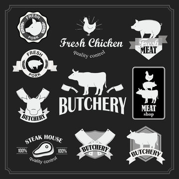 Retro butchery, steak house and meat shop logotypes set