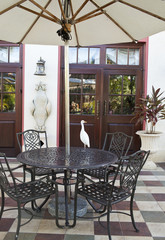 heron on a table in street cafe in tropics